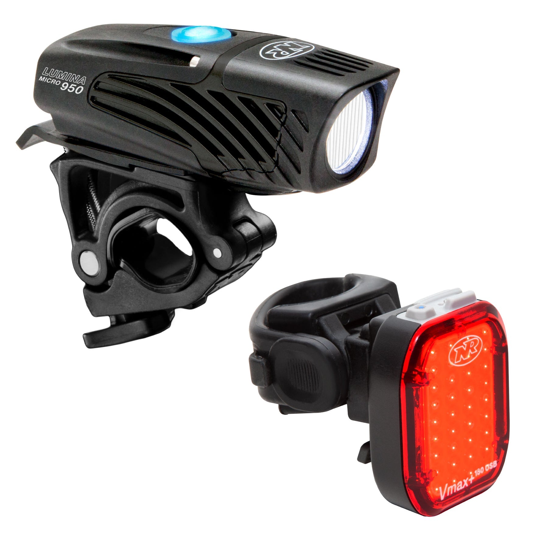 NiteRider Lumina Micro 950 front light and Vmax+ 180 rear light on white background