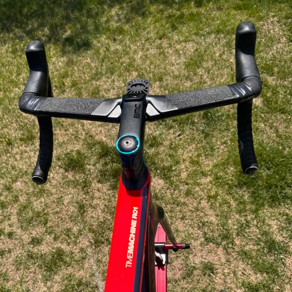 BMC TimeMachine 01 cockpit top view showing Specialized S-Works aerofly handlebars from behind saddle