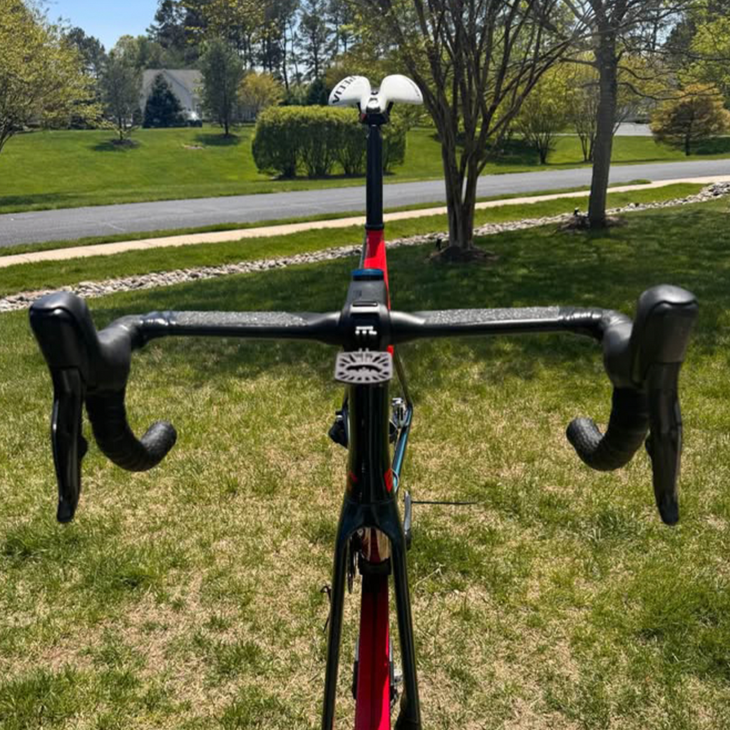 BMC TimeMachine 01 front end view showing headtube and Specialized S-Works aerofly handlebars