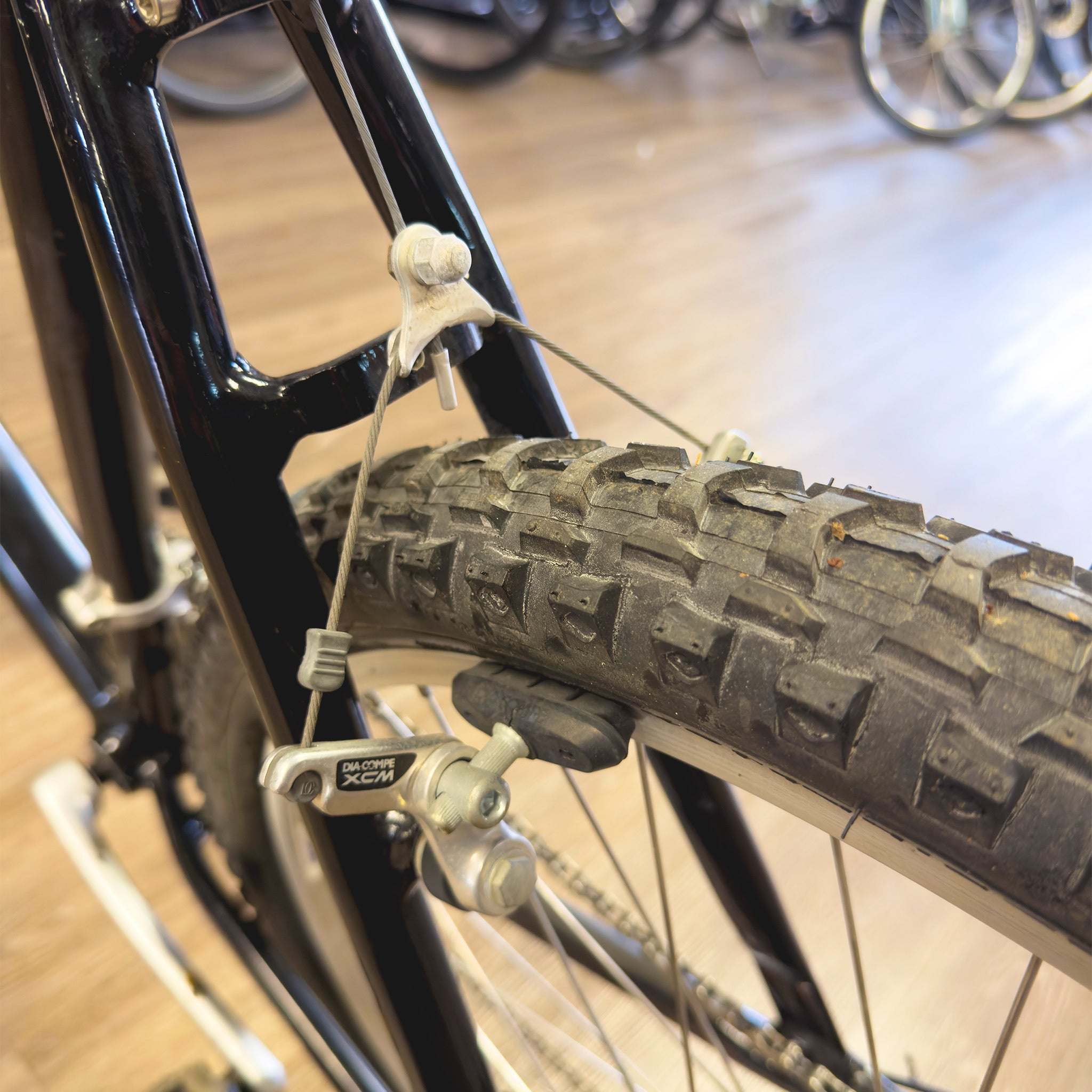 Rear tire and brake on Cannondale M400 mountain bike
