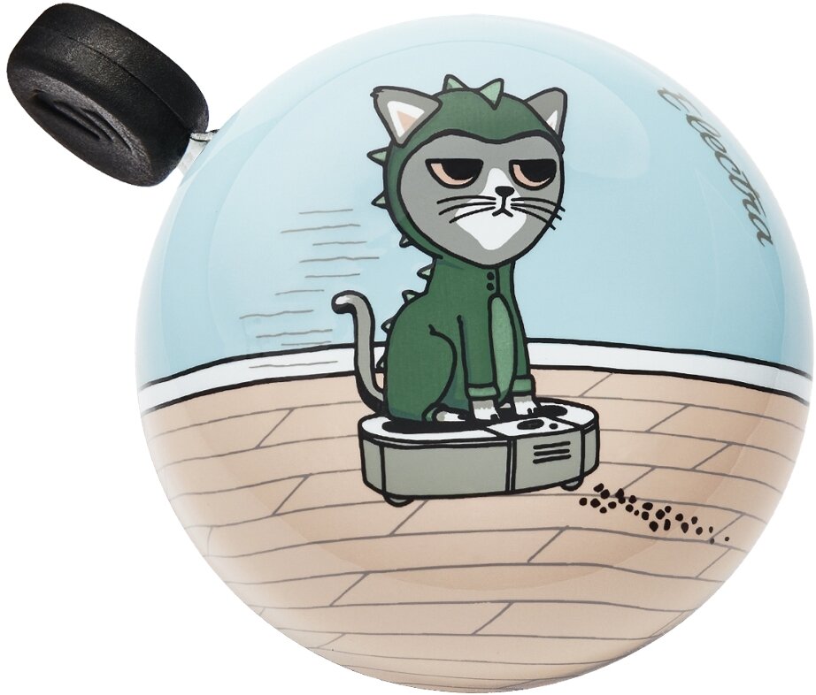 Electra bicycle bell with cat wearing dinosaur costume graphic design