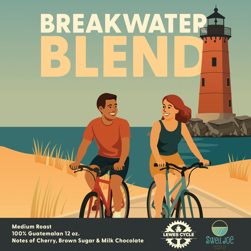 Lewes Cycle Sports Breakwater Blend medium roast coffee label closeup by Swell Joe Coffee Co