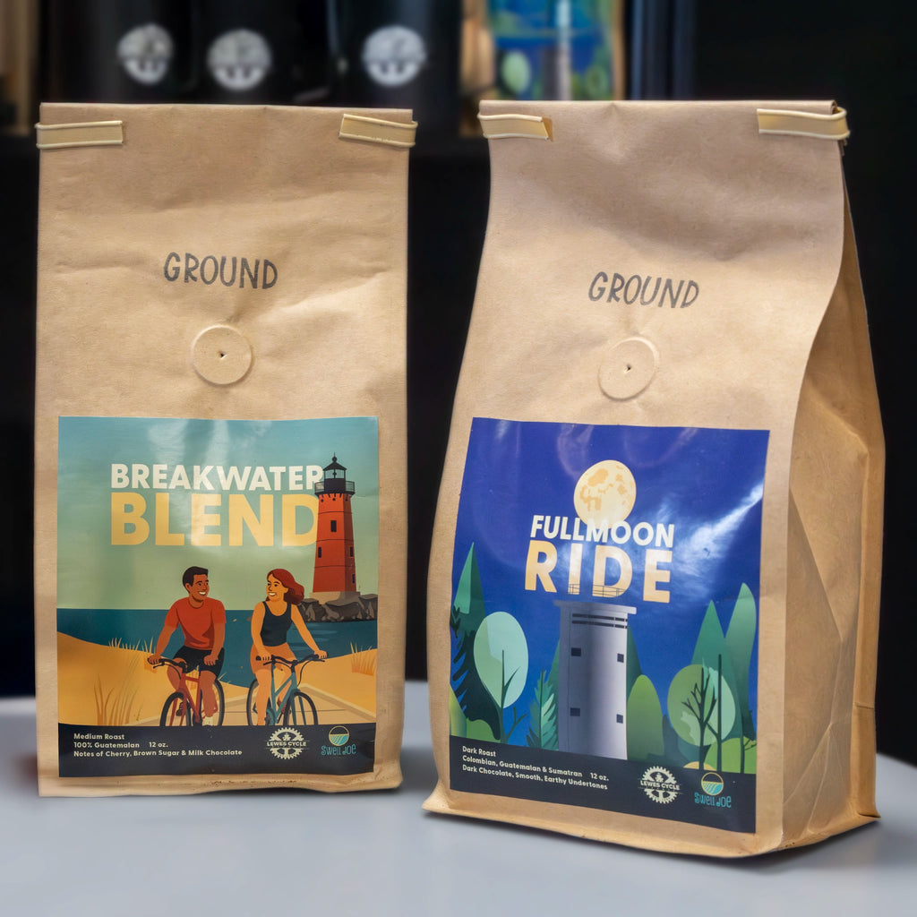 Lewes Cycle Sports Full Moon Ride dark roast and Breakwater Blend medium roast coffee bags by Swell Joe Coffee Co