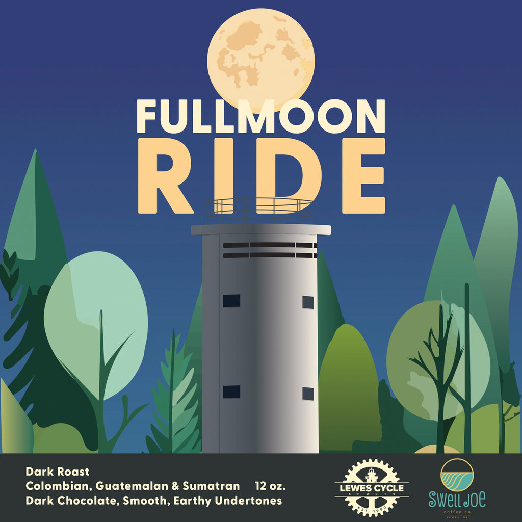Lewes Cycle Sports Full Moon Ride dark roast coffee label closeup by Swell Joe Coffee Co