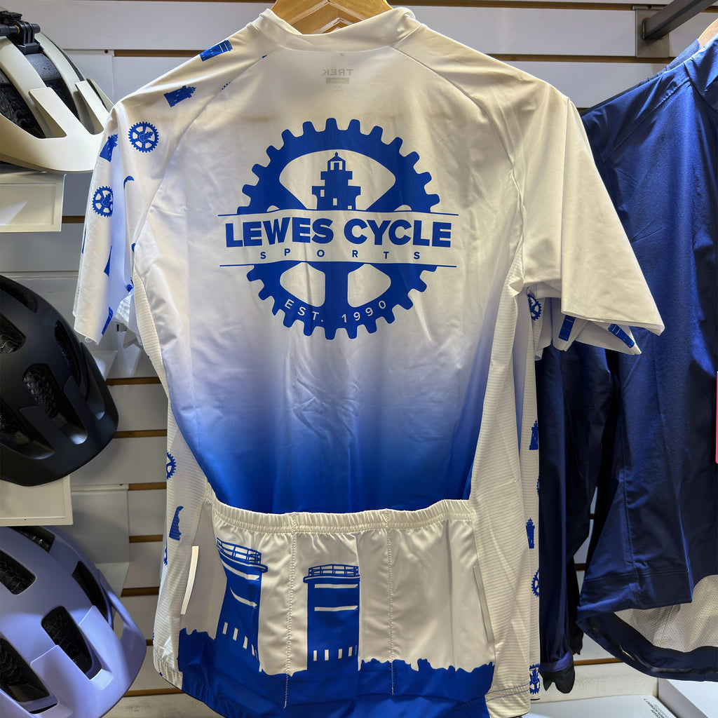Lewes Cycle Sports custom jersey back featuring lighthouse Fort Miles towers and Delaware icons