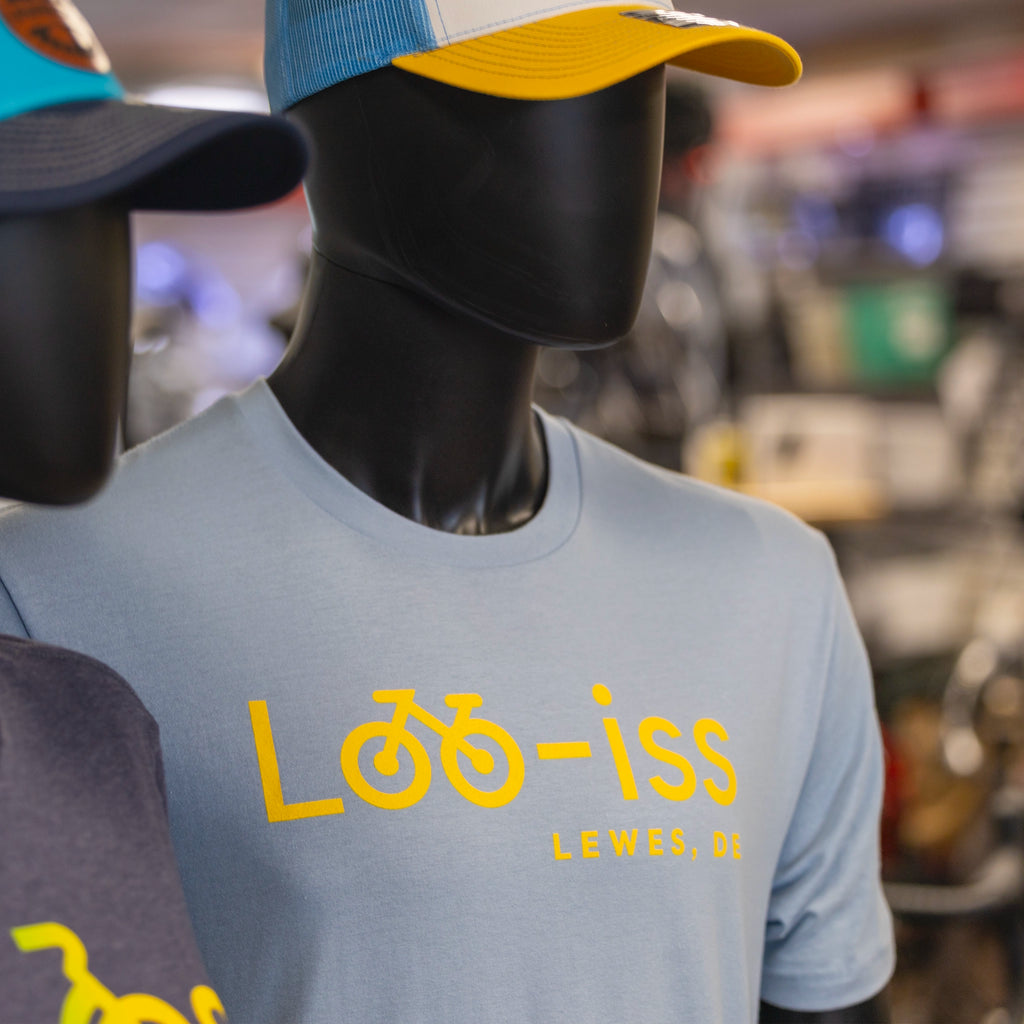 Lewes Cycle Sports Loo-iss t-shirt opposite side view with bike graphic design