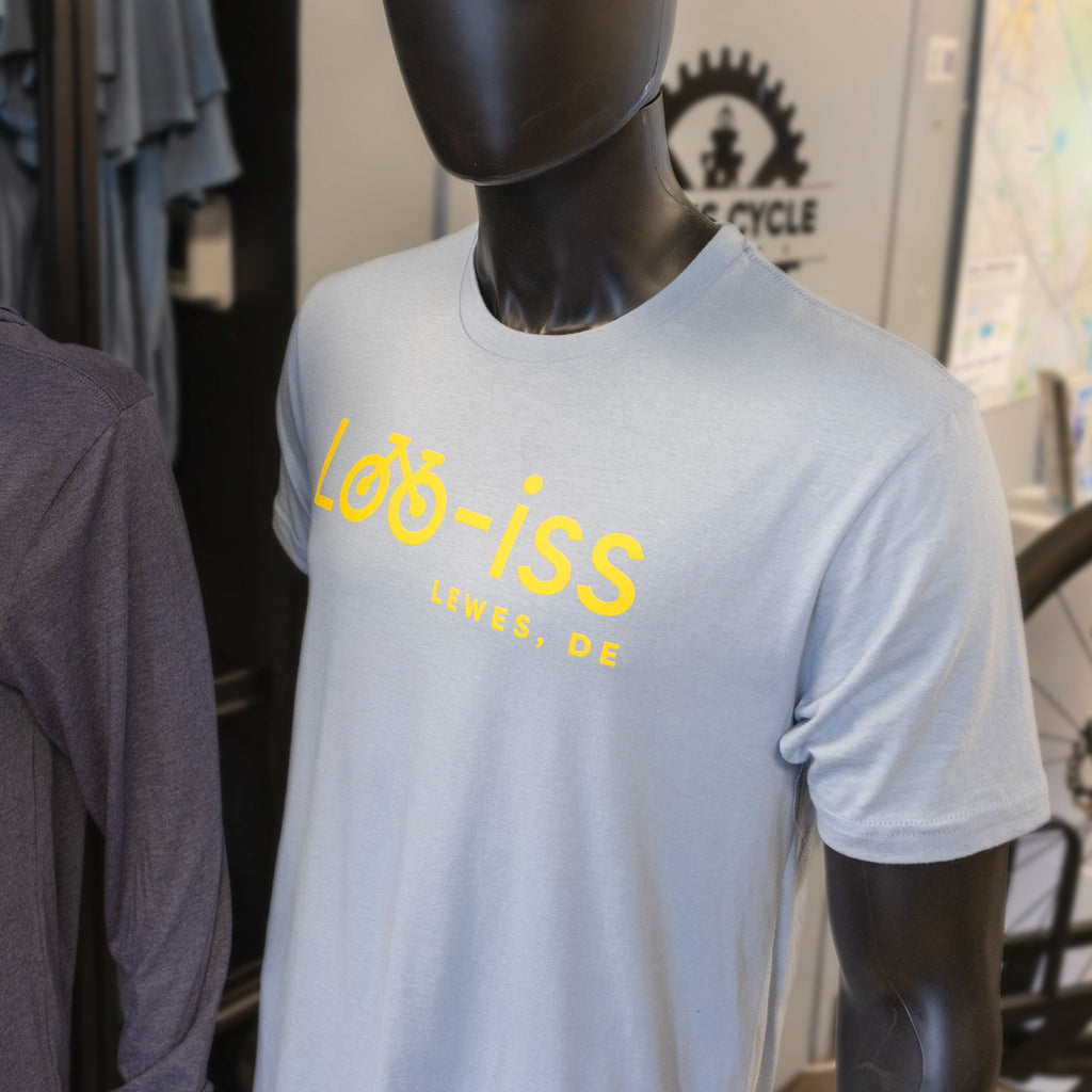 Lewes Cycle Sports Loo-iss t-shirt side view with bike graphic design
