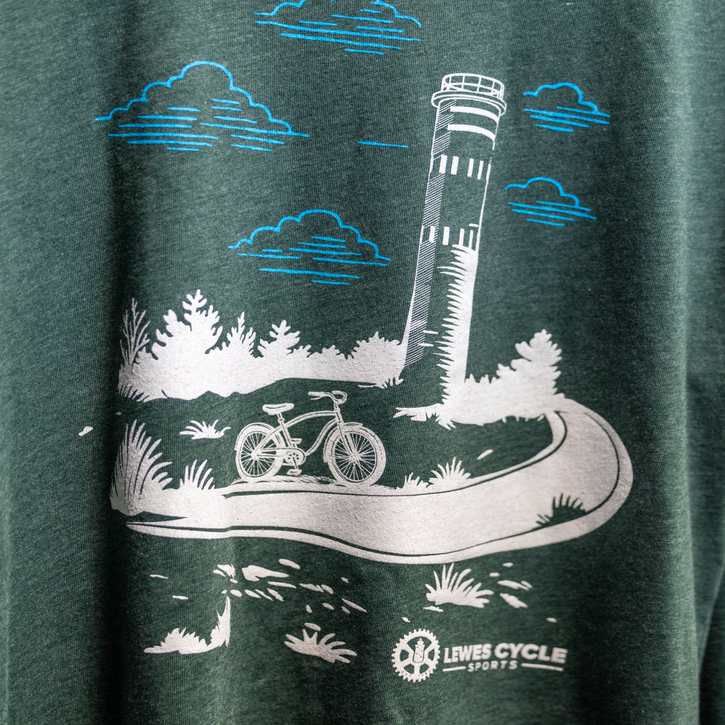 Lewes Cycle Sports tower t-shirt in forest green front view closeup with Fort Miles tower design
