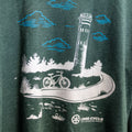 Lewes Cycle Sports tower t-shirt in forest green front view closeup with Fort Miles tower design