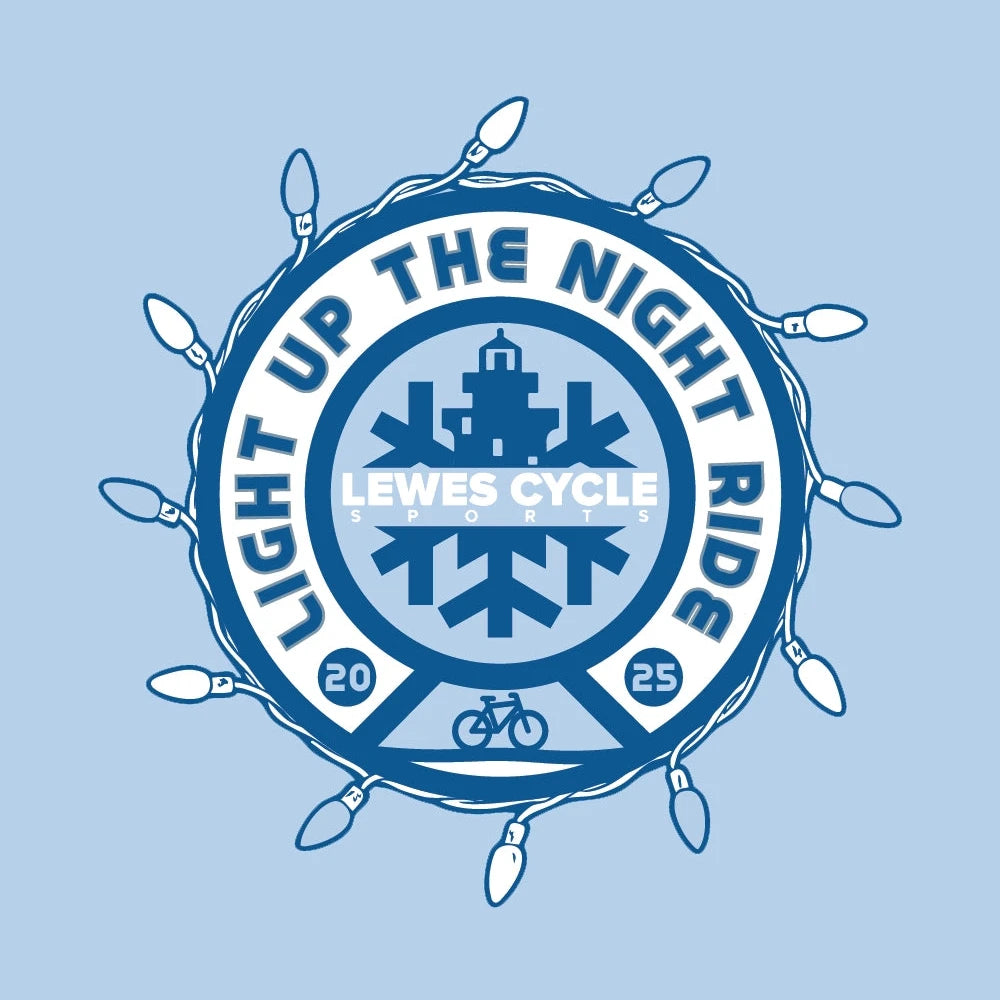 Lewes Lights Holiday Bike Ride logo featuring a bicycle and holiday lights for the annual Light Up the Night event hosted by Lewes Cycle Sports.