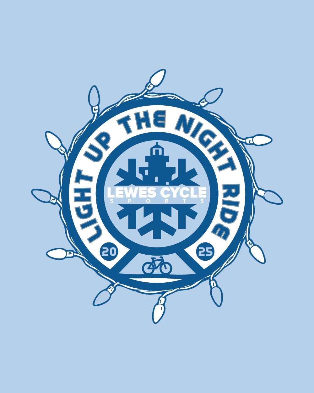 Lewes Lights Holiday Bike Ride logo featuring a bicycle and holiday lights for the annual Light Up the Night event hosted by Lewes Cycle Sports.