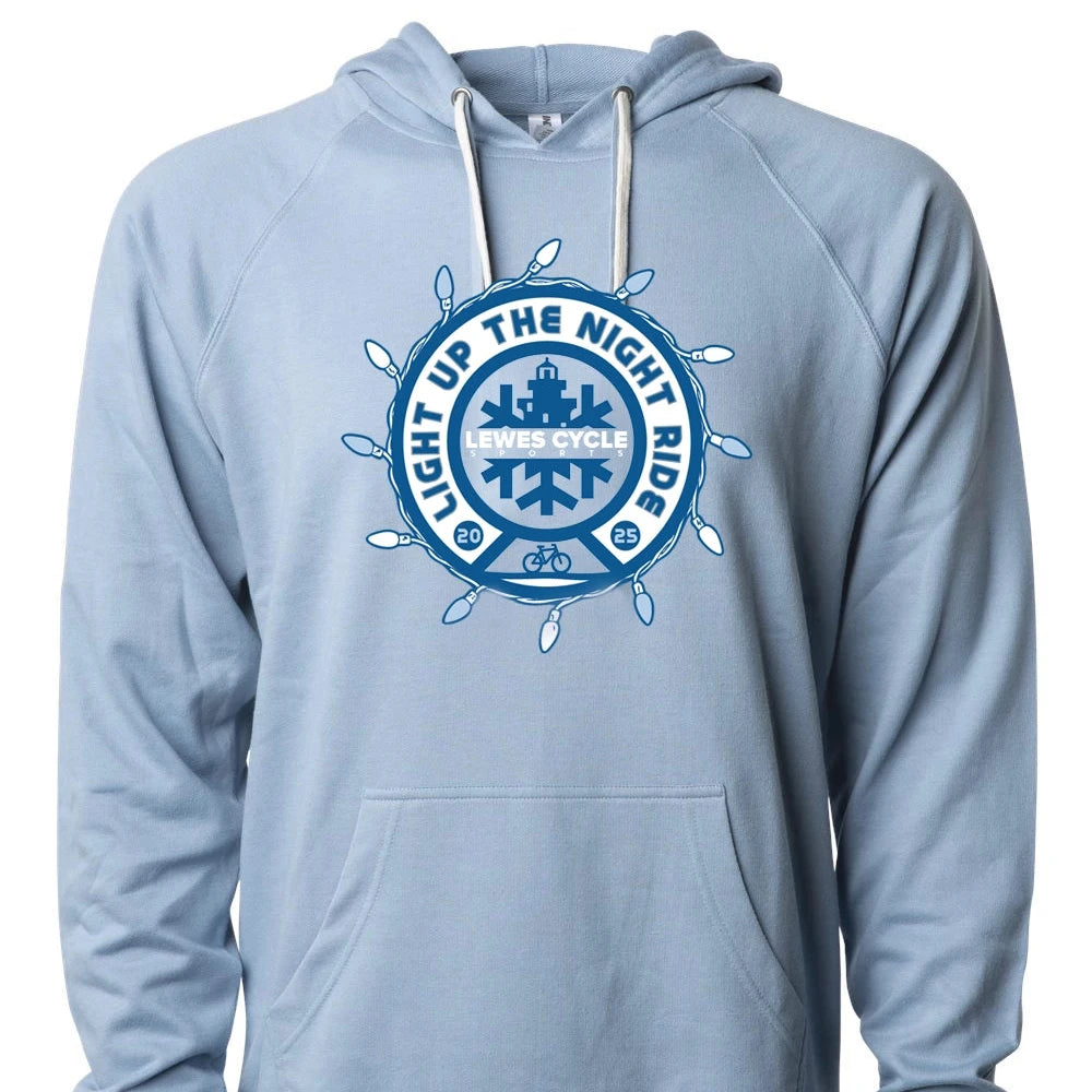 Lewes Lights Holiday Bike Ride hoodie with holiday bike ride artwork from Lewes Cycle Sports in Lewes, Delaware.