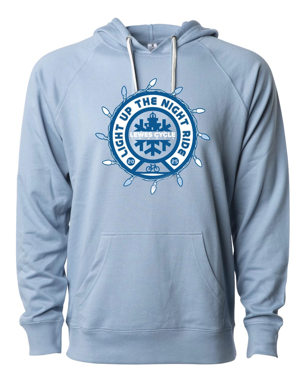 Lewes Lights Holiday Bike Ride hoodie with holiday bike ride artwork from Lewes Cycle Sports in Lewes, Delaware.