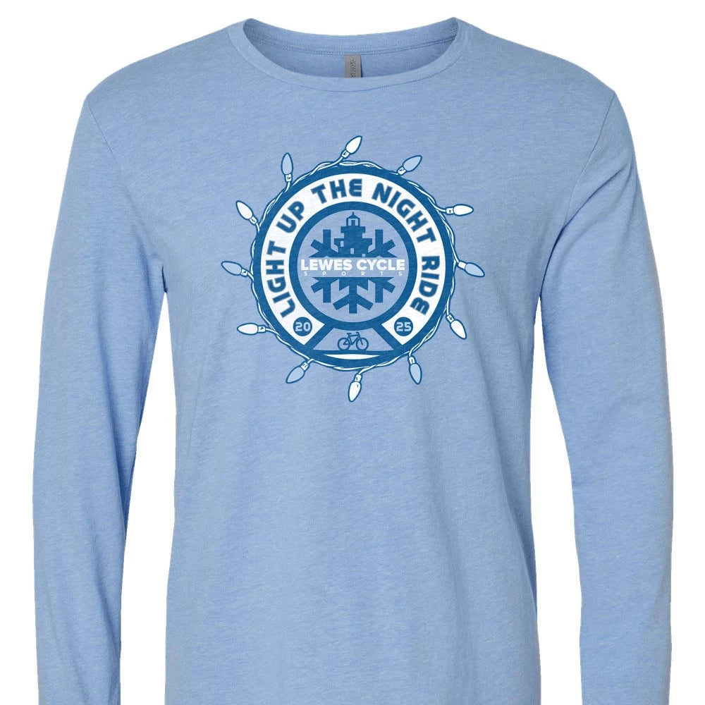 Lewes Lights Holiday Bike Ride long sleeve T shirt with festive bike and holiday lights artwork from Lewes Cycle Sports.