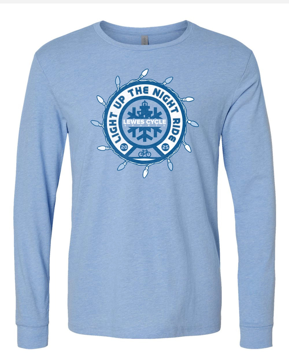 Lewes Lights Holiday Bike Ride long sleeve T shirt with festive bike and holiday lights artwork from Lewes Cycle Sports.