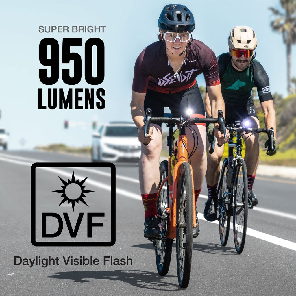 NiteRider Lumina Micro 950 and Vmax+ 180 lights mounted on bike in wet conditions