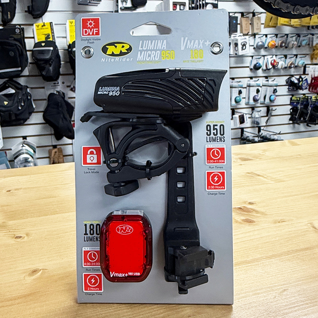 NiteRider Lumina Micro 950 and Vmax+ 180 combo light set in packaging