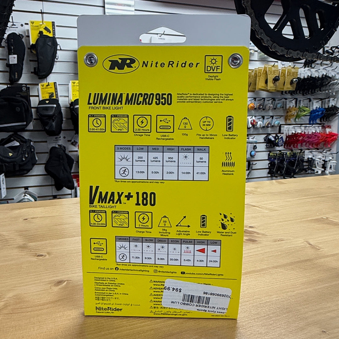 NiteRider Lumina Micro 950 and Vmax+ 180 packaging showing specs and features
