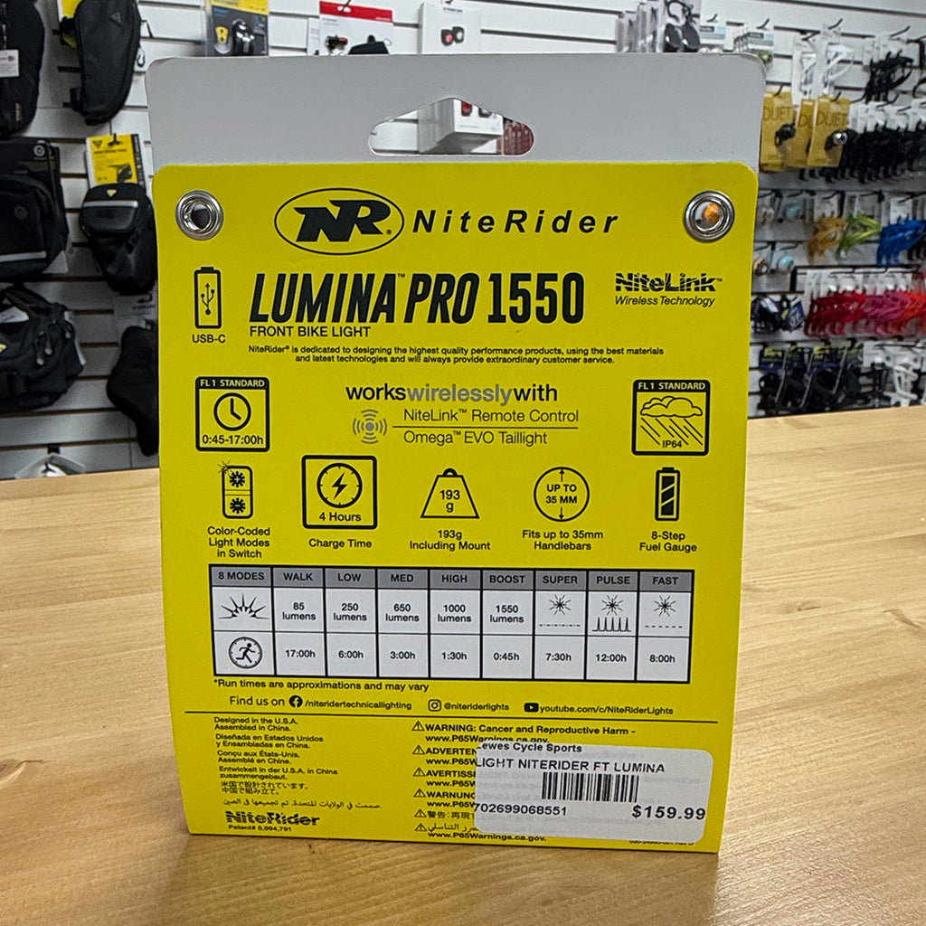 NiteRider Lumina Pro 1550 packaging showing specs and run times