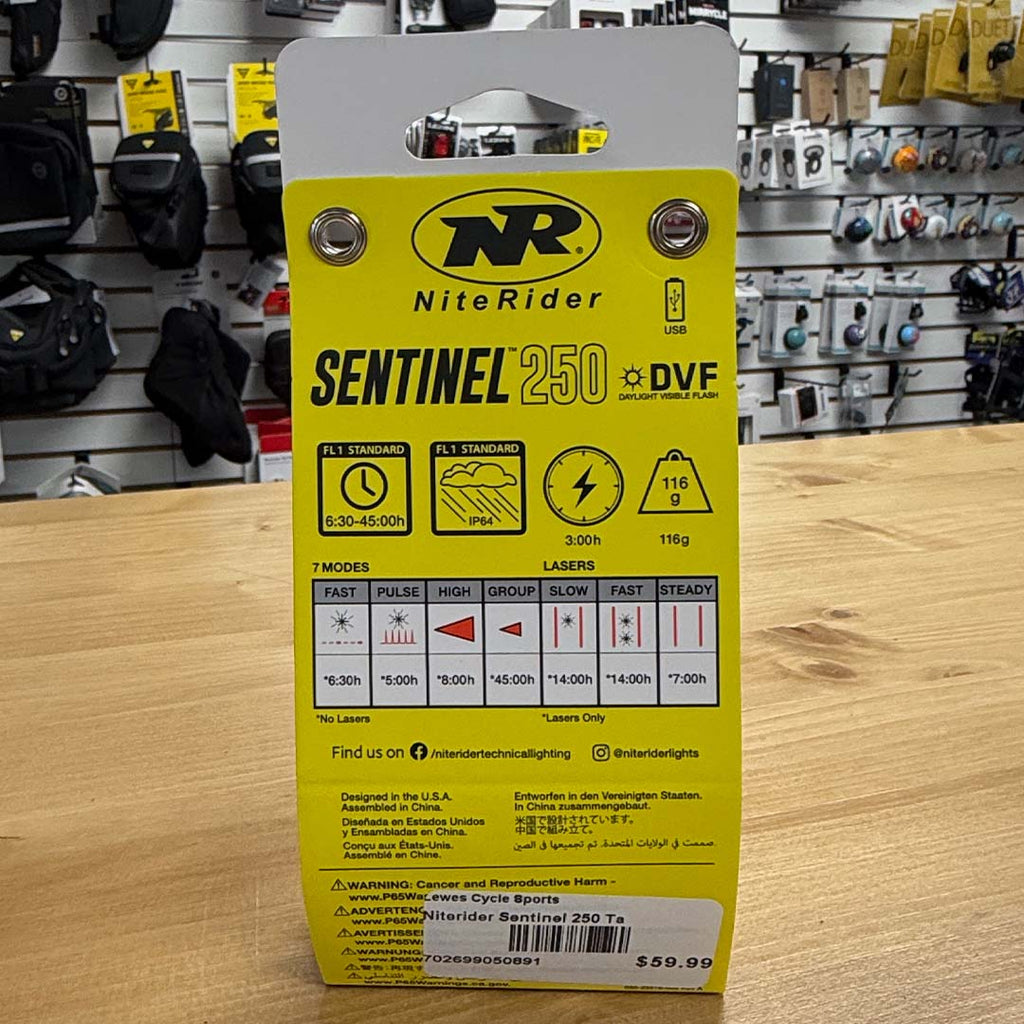 NiteRider Sentinel 250 packaging showing specs and run times