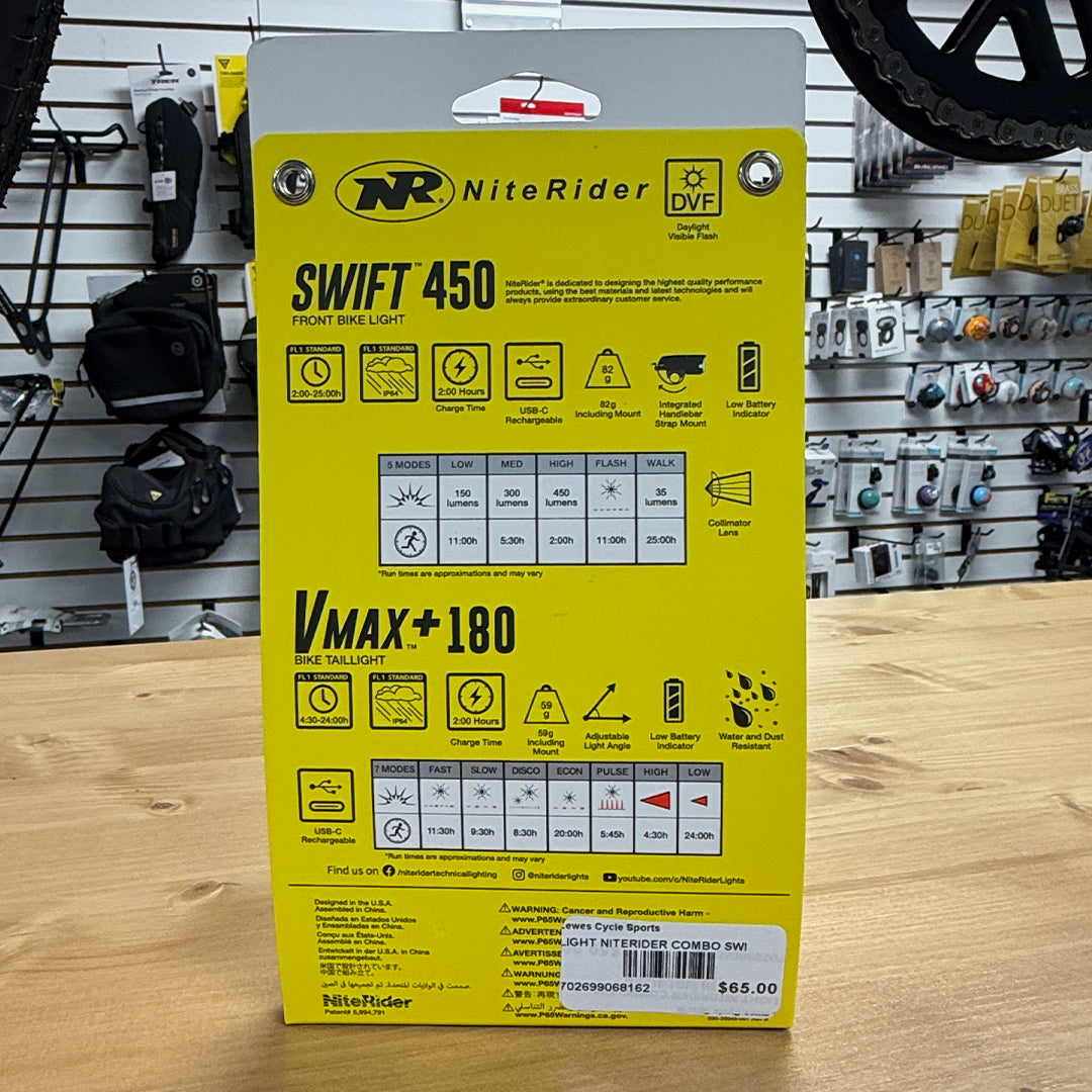 NiteRider Swift 450 and Vmax+ 180 packaging showing specs and features