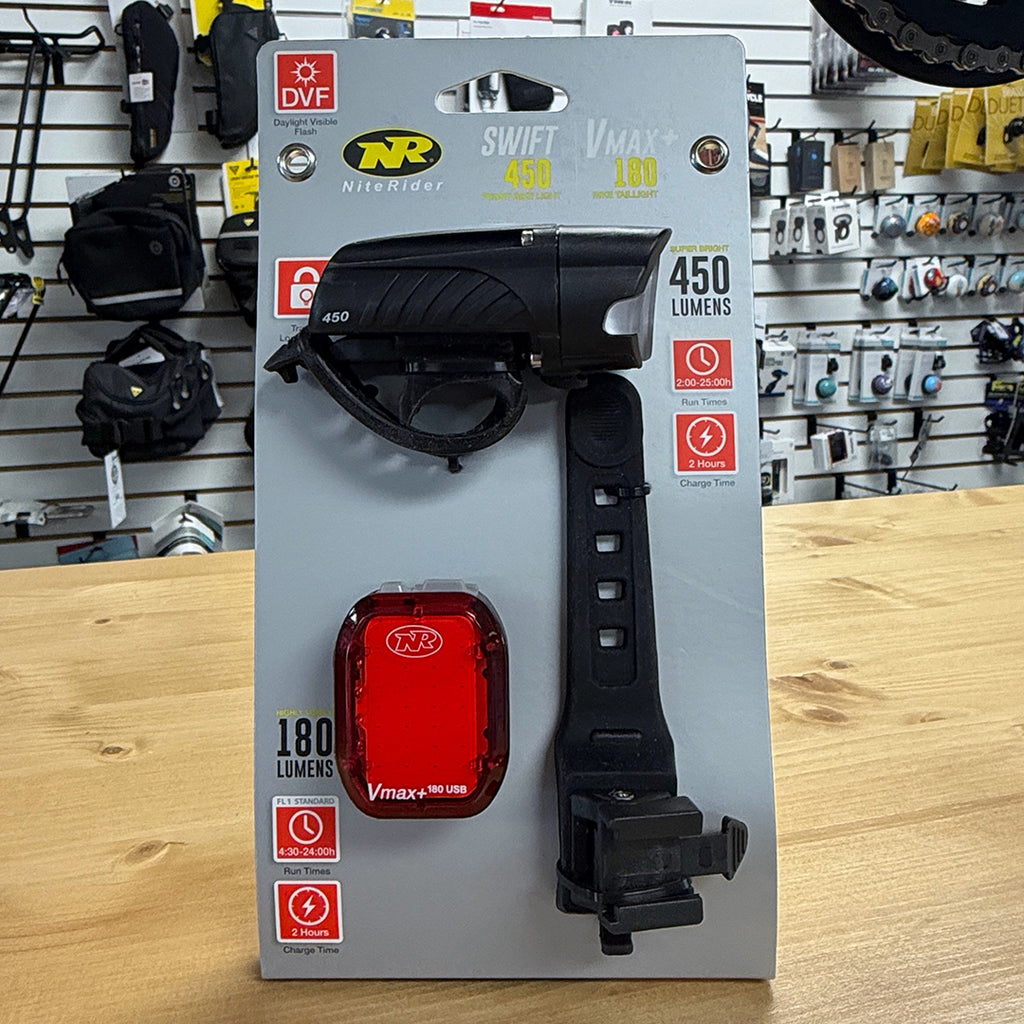 NiteRider Swift 450 and Vmax+ 180 combo light set in packaging