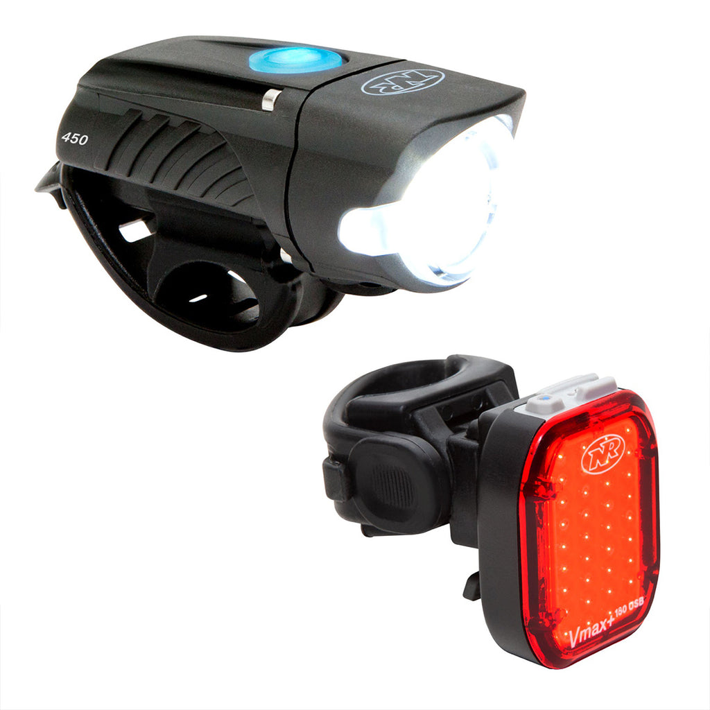 NiteRider Swift 450 front light and Vmax+ 180 rear light on white background