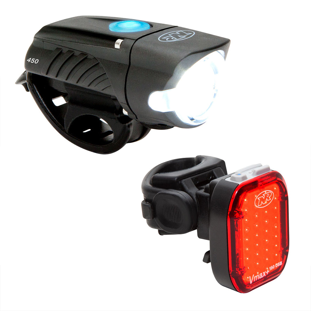 NiteRider Swift 450 front light and Vmax+ 180 rear light on white background