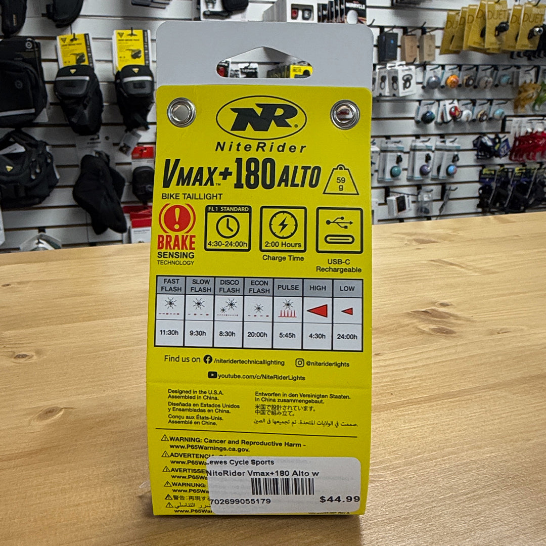 NiteRider Vmax+ 180 ALTO packaging showing specs and run times