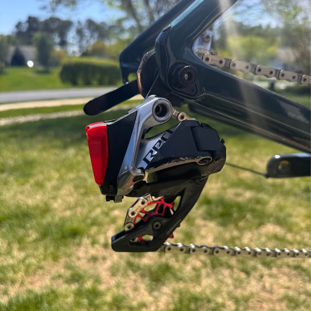 SRAM Red AXS wireless rear derailleur closeup on BMC TimeMachine 01