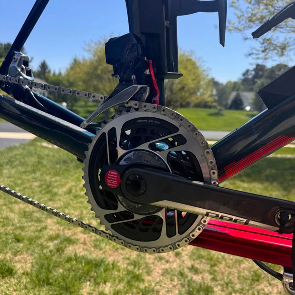 SRAM Red Powermeter crankset with chain side view on BMC TimeMachine 01