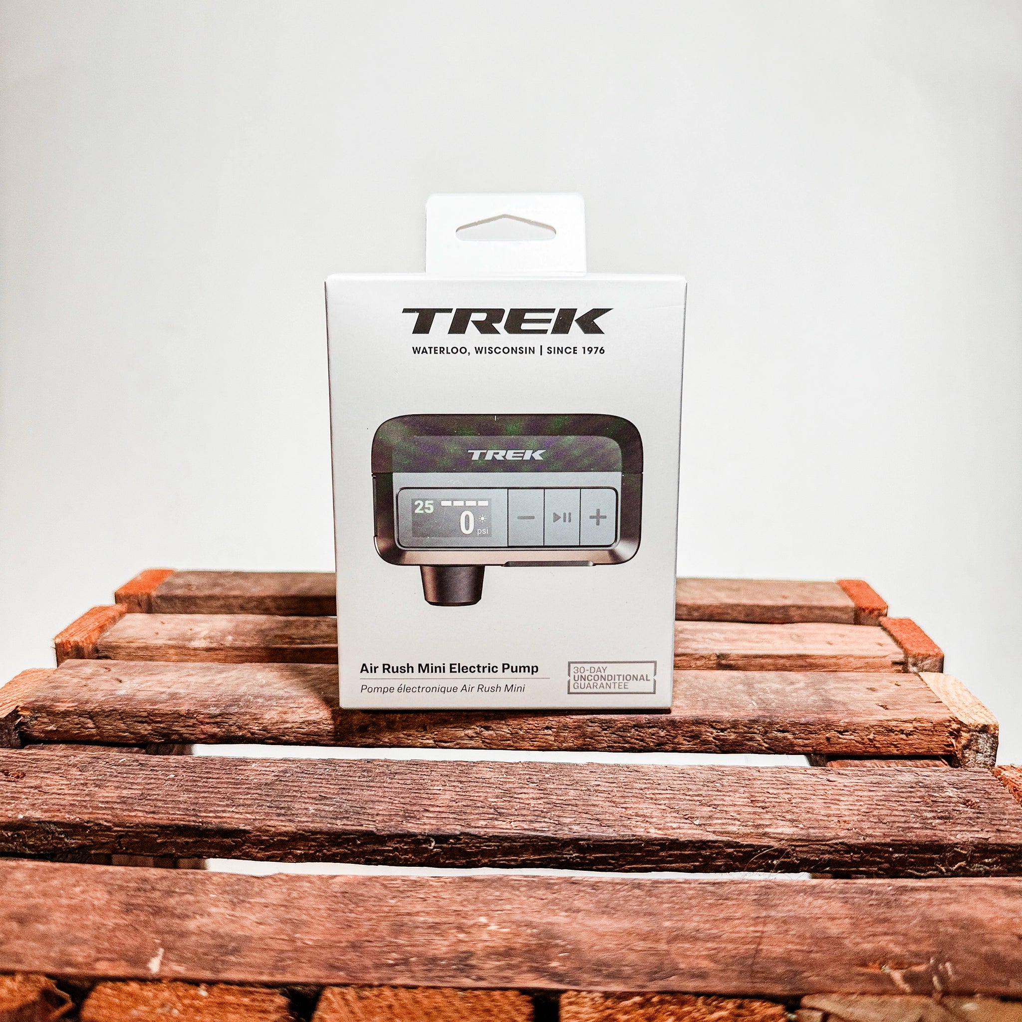 Trek Air Rush mini electric pump retail packaging studio product photo