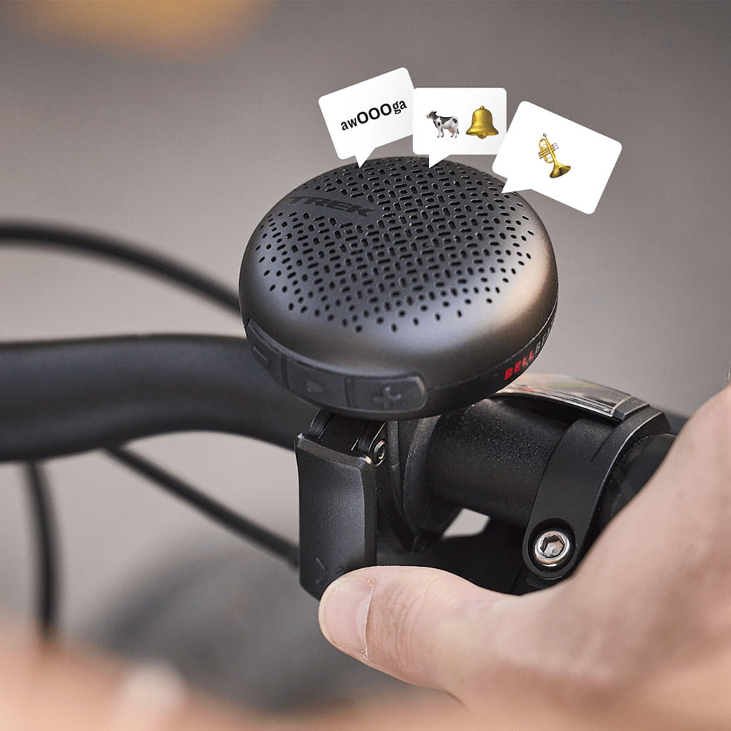 Trek BellBeats digital bike bell and Bluetooth speaker mounted on handlebar showing sound mode display